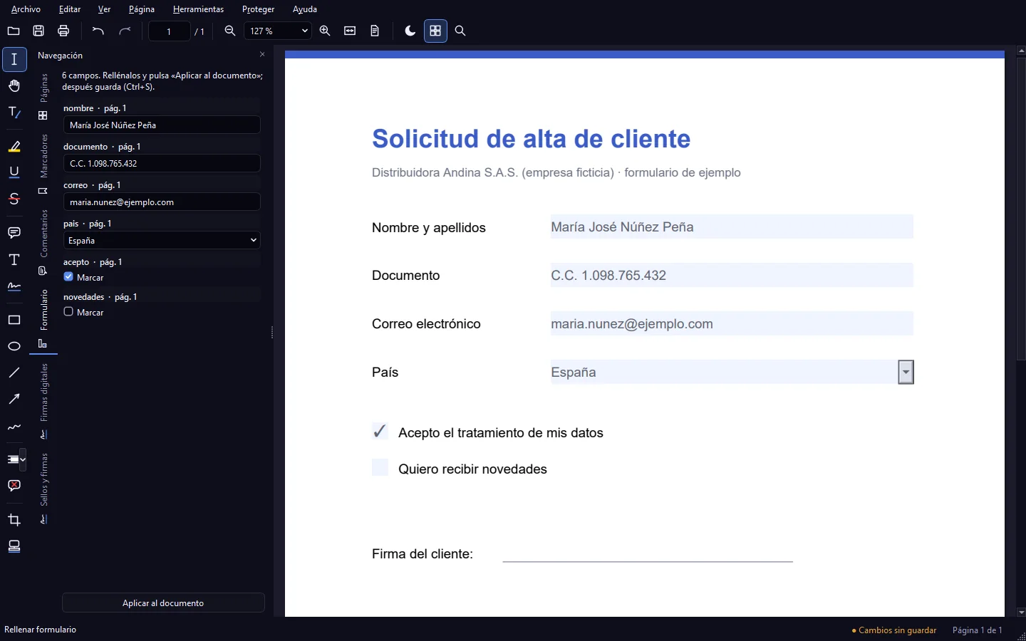 Formulario PDF rellenado desde el panel lateral