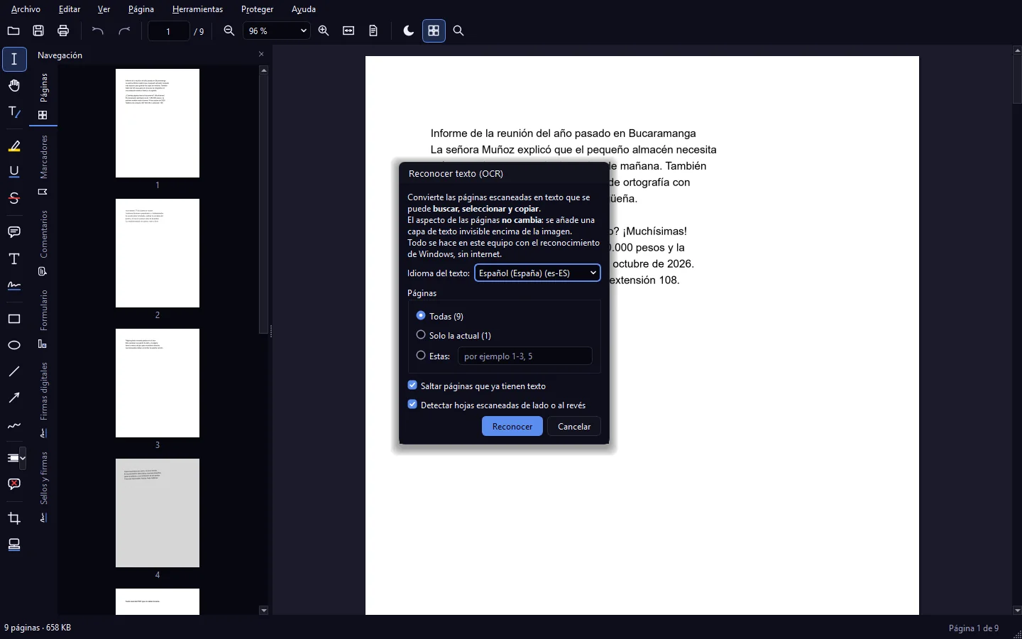 Diálogo de reconocimiento de texto (OCR) sobre un documento escaneado