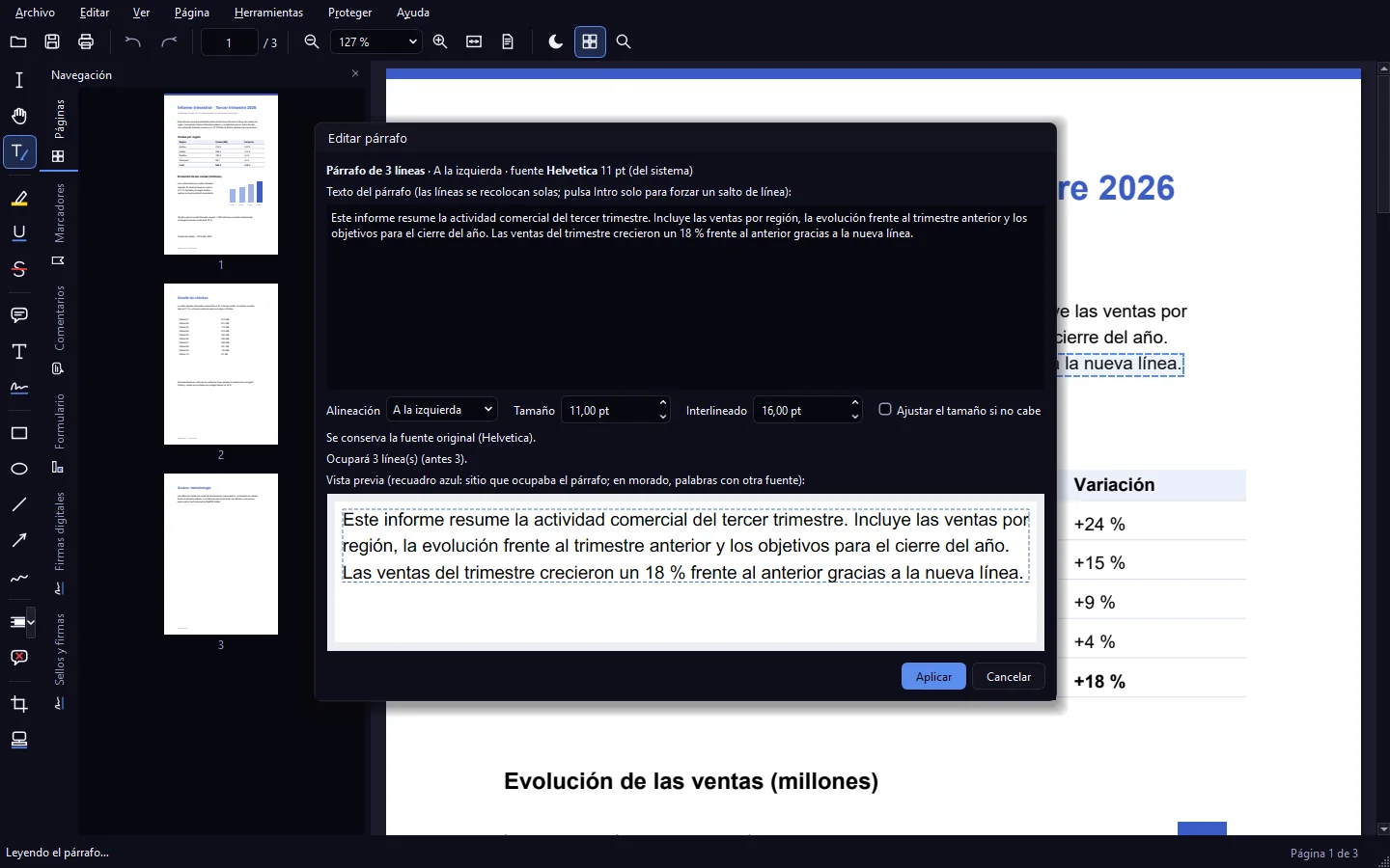Editor de párrafos con vista previa: el texto se recoloca solo