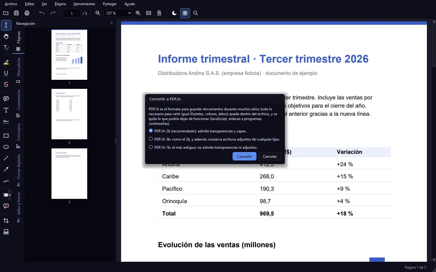 Diálogo Convertir a PDF/A con las versiones 2b, 3b y 1b