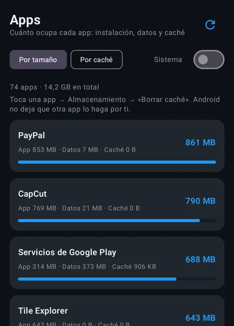 StorageCleaner: tamaño de cada app