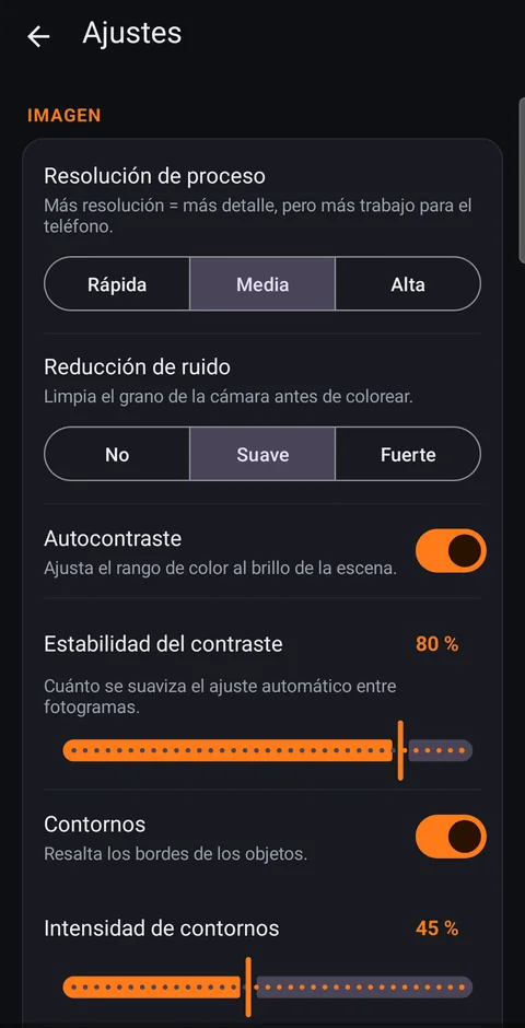 Termora: pantalla de ajustes con resolución, reducción de ruido y contraste