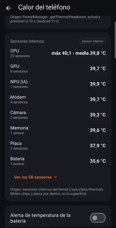 Termora: sensores internos reales del teléfono (CPU, GPU, NPU, cámara, memoria) en °C
