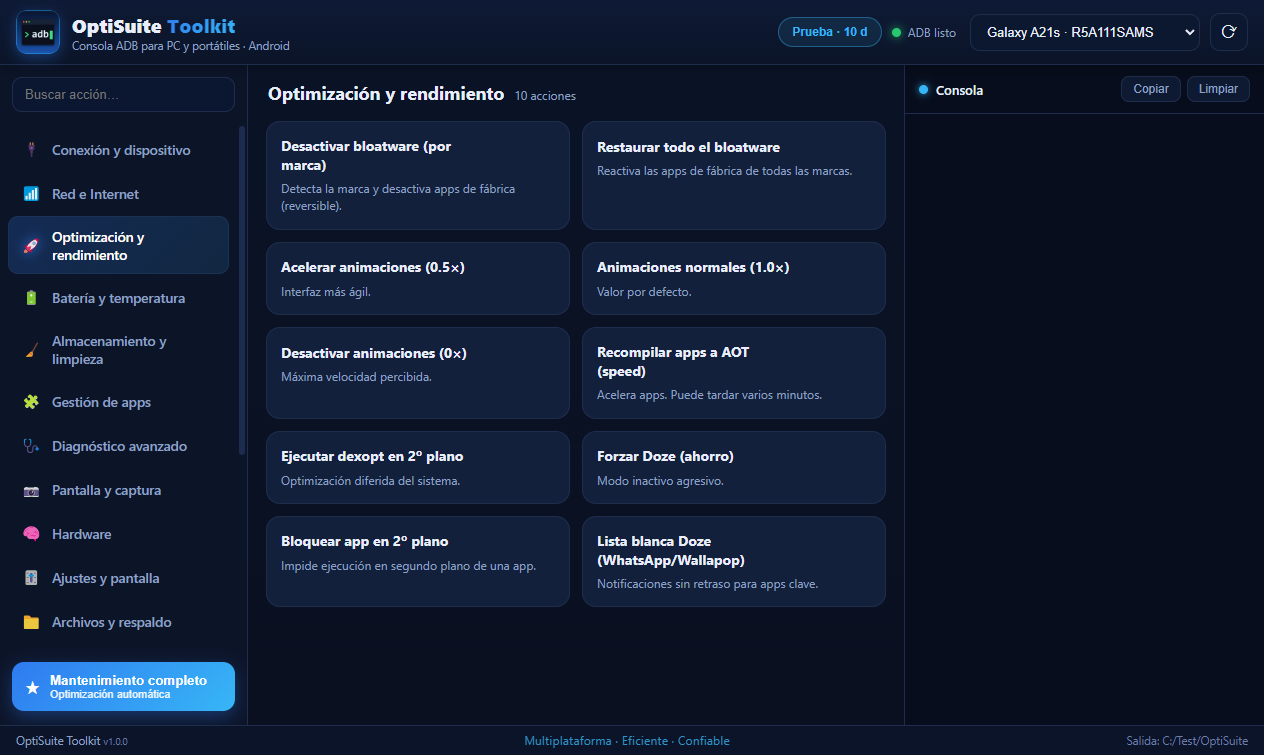 Panel de OptiSuite Toolkit