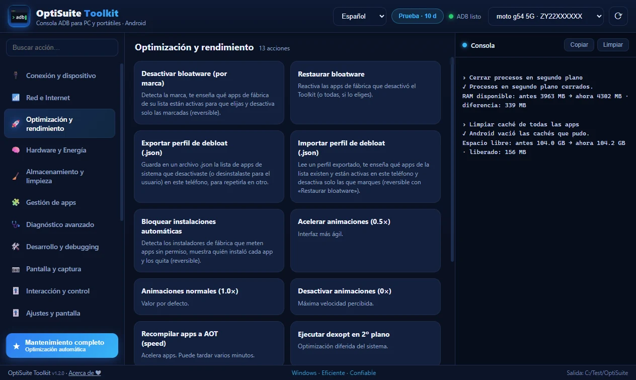 Panel de OptiSuite Toolkit
